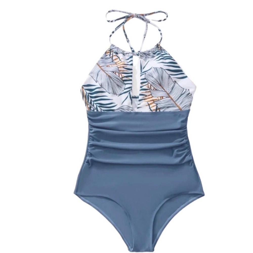LEAF print ruched halter 1-piece swimsuit. New. Size XL - Picture 4 of 6